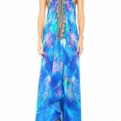 Dresses Shahida Parides V Neck Blue Tropical Maxi Dress