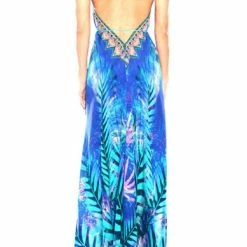 Dresses Shahida Parides V Neck Blue Tropical Maxi Dress