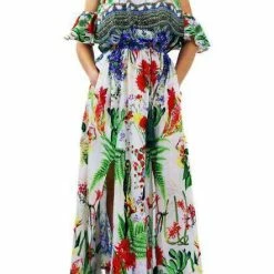 Shahida Parides White And Green Cactus Print Off The Shoulder Maxi Dress Influencer Style