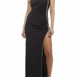 Vie Sauvage Tamara Long One Shoulder Leather Side Mesh Dress Dresses