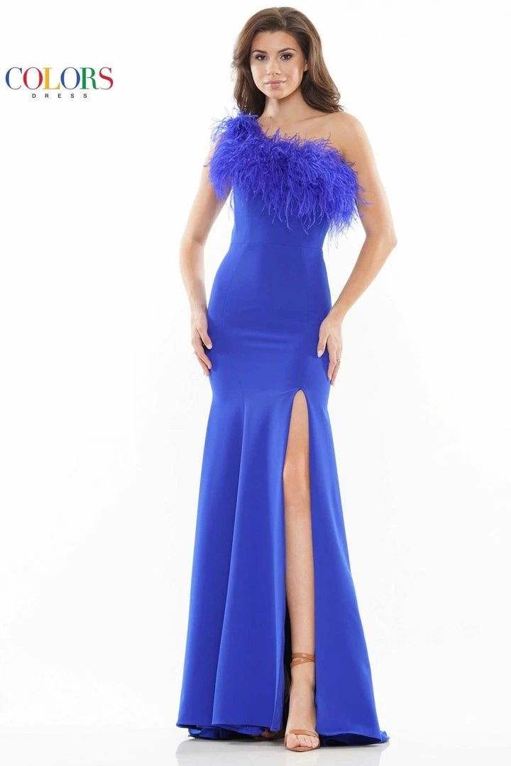 Jessica Bara Colors Dress Feathered One Shoulder Gown