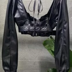 Birthday Suit Jessica Bara Char Long Sleeve Leather Crop Top