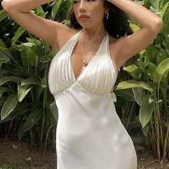 Jessica Bara Brie Pleated Satin Maxi Dress