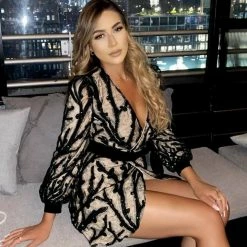 Jessica Bara Madyson Long Sleeve Glitter Belted Mini Dress