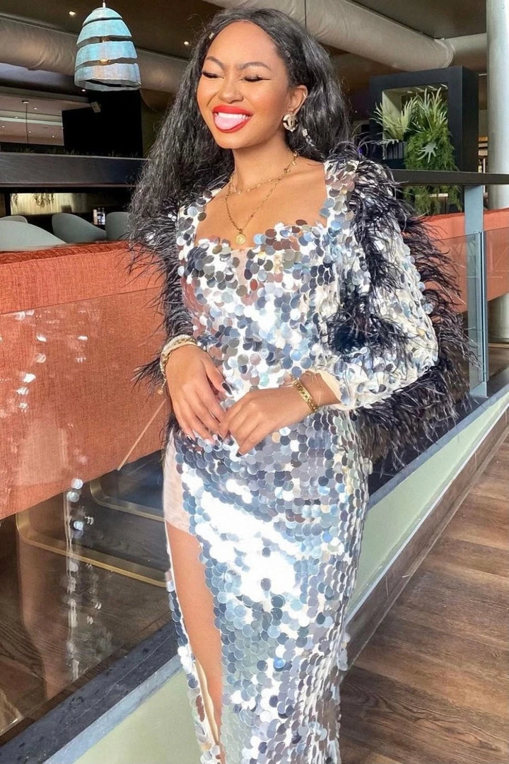 Influencer Style Jessica Bara Azariah Long Feather Sleeve Sequin Gown