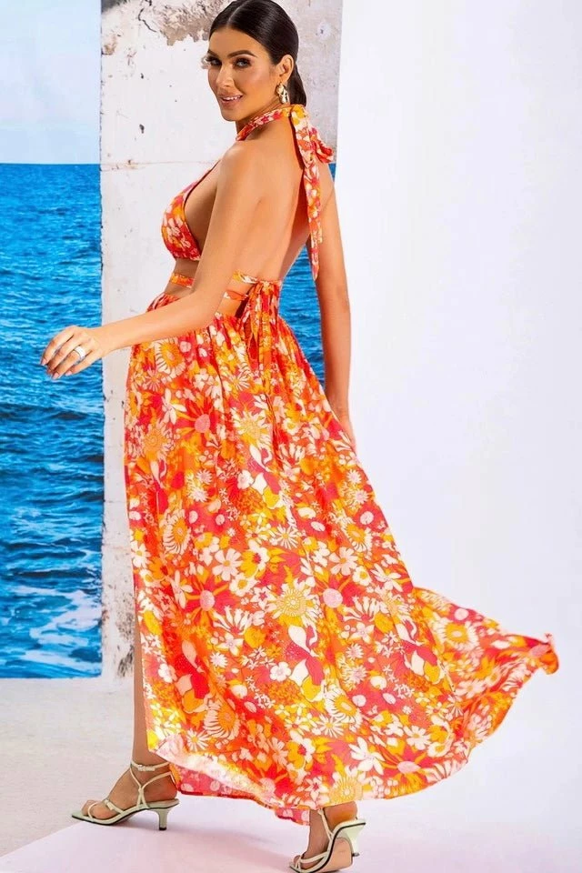 Jessica Bara Klara Floral Halter Cut Out Maxi Dress