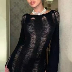 Influencer Style Jessica Bara Amabella Long Sleeve Shredded Backless Mini Dress