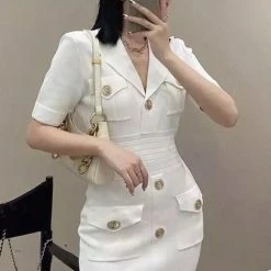 Jessica Bara Maryann Short Sleeve Gold Button Mini Dress The 9-5 Shop