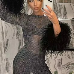 The Event Shop Jessica Bara Annaleigh Long Sleeve Feather Mesh Dress