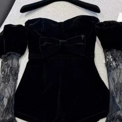 Jessica Bara Kienna Lace Long Sleeve Velvet Romper Birthday Suit