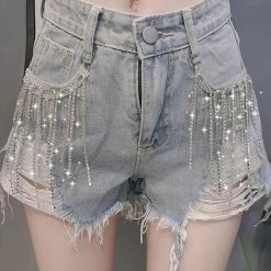 Summer Lovin' Jessica Bara Ziggy Rhinestone Fringe Distressed Denim Shorts
