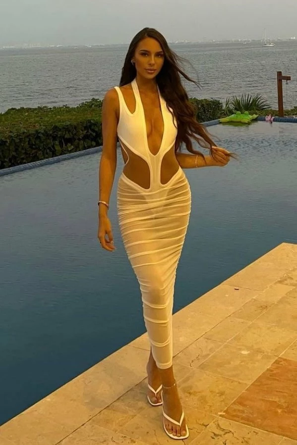 Jessica Bara Nova Cut Out Mesh Midi Dress Influencer Style