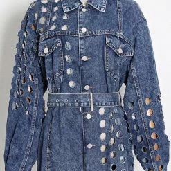 Jessica Bara Aria Denim Distressed Belted Jacket