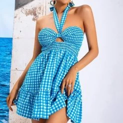 Jessica Bara Sailor Halter Neck Gingham Mini Dress Dresses