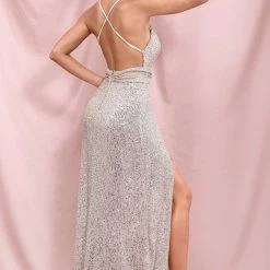 Jessica Bara Tyler V Neck Sequin Double Slit Gown