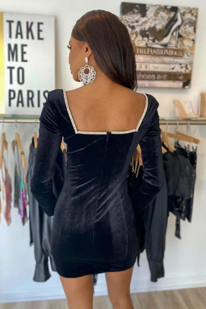 Jessica Bara Miley Long Sleeve Rhinestone Velvet Mini Dress