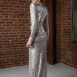 Jessica Bara Abela Long Sleeve Sequin V Neck Gown