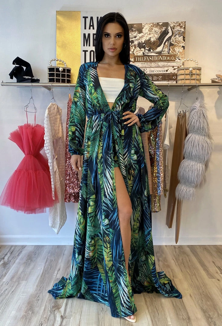 Jessica Bara Carter Tropical Print Maxi Romper Influencer Style