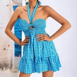 Jessica Bara Sailor Halter Neck Gingham Mini Dress Dresses