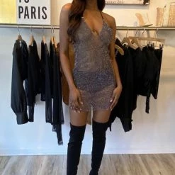 Jessica Bara Shelia Sparkling Mesh Mini Dress Influencer Style