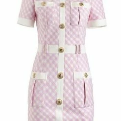 Jessica Bara Hermione Pink Plaid Gold Button Mini Dress The 9-5 Shop