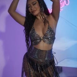 Jessica Bara Velora Rhinestone Top And Fringe Skirt Two Piece Set Birthday Suit