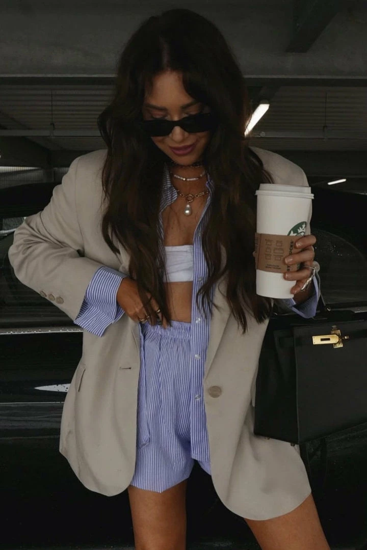 Summer Lovin' Jessica Bara Garcia Stripped Button Down And Short Two Piece Set