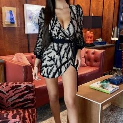 Jessica Bara Madyson Long Sleeve Glitter Belted Mini Dress Influencer Style