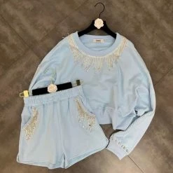 Bottoms Jessica Bara Akia Crystal Fringe Sweatshirt And Shorts Two Piece Set