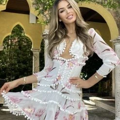 Jessica Bara Valentine Floral Dress With Pom Poms