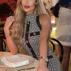 Influencer Style Jessica Bara Robyn Sleeveless Gold Button Mini Dress