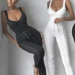 ReveBoutique Jessica Bara Alessia Lace Up Bodysuit And Pants Two Piece Set Birthday Suit