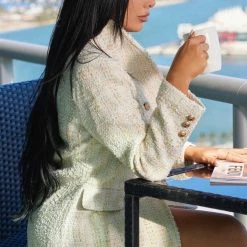 Influencer Style Jessica Bara Amara Tweed Double Breasted Gold Button Blazer Dress