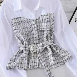 Jessica Bara Violetta Plaid Pearl Button Blouse