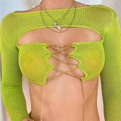 ReveBoutique Jessica Bara Rochelle Long Sleeve Chain Cut Out Crop Top