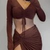 Jessica Bara Clarise Ruched Long Sleeve Crop Top And Skirt Two Piece Set