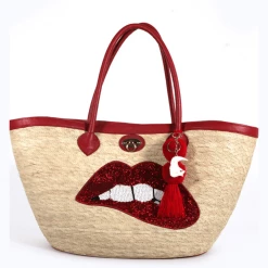 Jessica Bara Cruise Handmade Sequin Lips Bucket Palm Bag