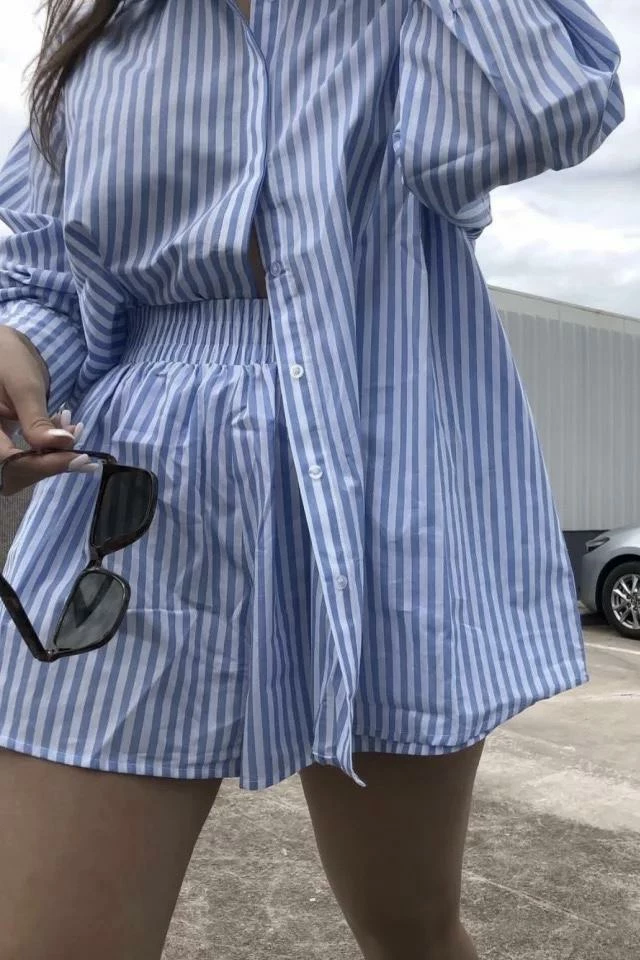 Summer Lovin' Jessica Bara Garcia Stripped Button Down And Short Two Piece Set
