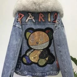 Jessica Bara Paris Rhinestone Teddy Bear Denim And Fur Jacket