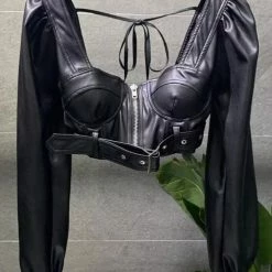 Birthday Suit Jessica Bara Char Long Sleeve Leather Crop Top