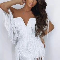 Jessica Bara Tansy V Neck Fringe Mini Dress Birthday Suit