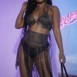 Jessica Bara Velora Rhinestone Top And Fringe Skirt Two Piece Set Birthday Suit