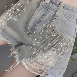 Summer Lovin' Jessica Bara Ziggy Rhinestone Fringe Distressed Denim Shorts