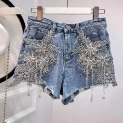 Summer Lovin' Jessica Bara Zayd High Waisted Rhinestone Denim Shorts
