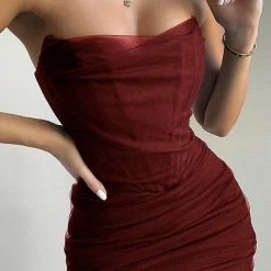 Jessica Bara Sheena Strapless Mesh Ruched Midi Dress