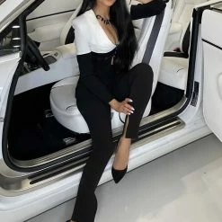 Jessica Bara Gemini Colorblock Corset Blazer And Split Pant Two Piece Set