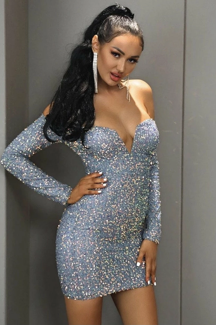 ReveBoutique Jessica Bara Annie Off The Shoulder Sequin Mini Dress Birthday Suit