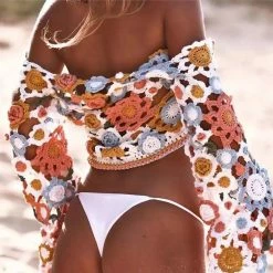 Jessica Bara Oceana Long Sleeve Crochet Two Piece Set