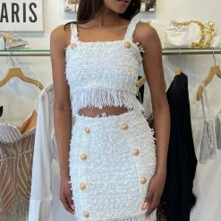 Jessica Bara Ashlynn Gold Button Fringe Crop Top Reve Doll Essentials