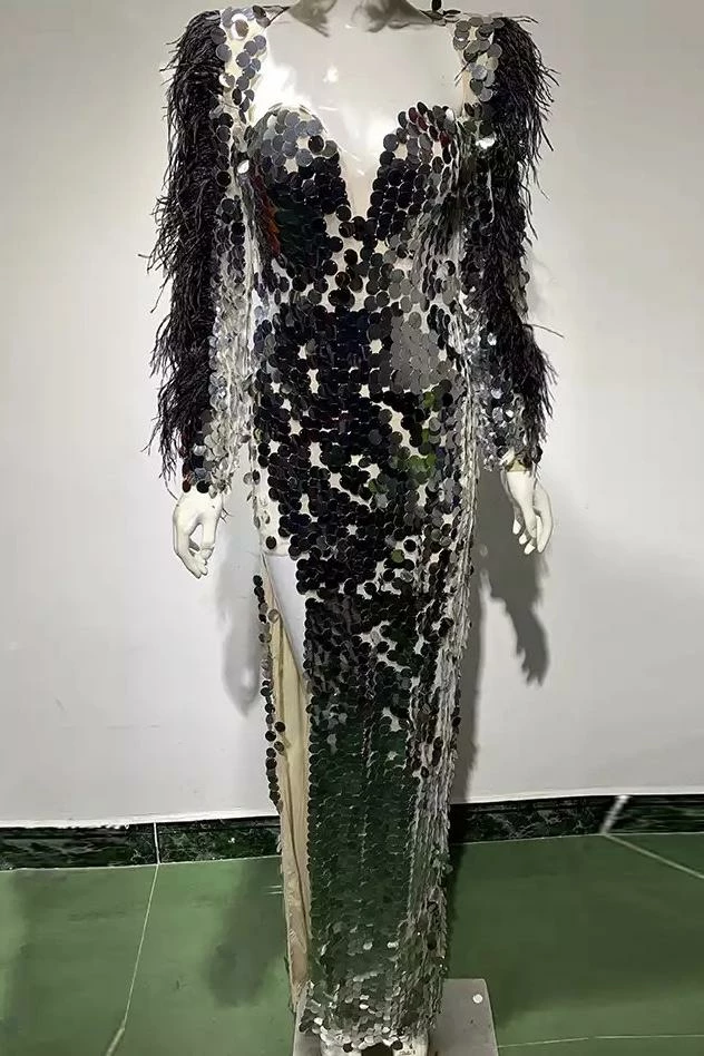Influencer Style Jessica Bara Azariah Long Feather Sleeve Sequin Gown